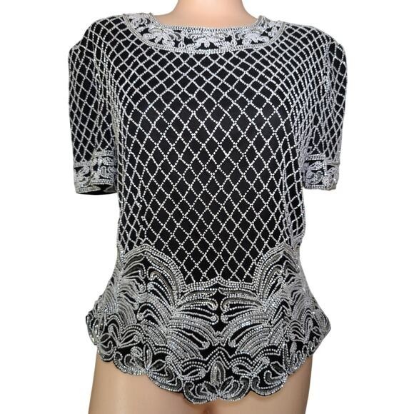Vintage Silk Beaded Evening Top Medium Glam Event Formal Elegant Sophisticated - Picture 1 of 9